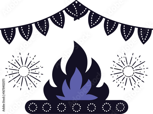 Festive bonfire with flags and fireworks for summer celebration and party decoration