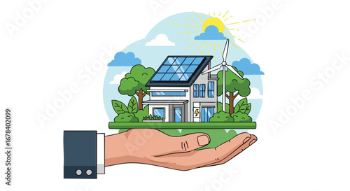 Offering sustainable living: a house powered by solar and wind energy is gently held on an open human hand showing responsible environmentally
