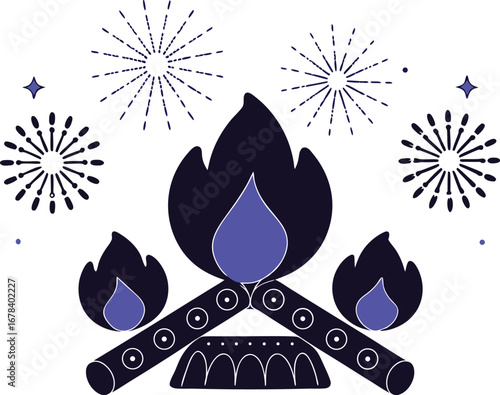 Festive bonfire with fireworks for summer celebration and party decoration, illustration