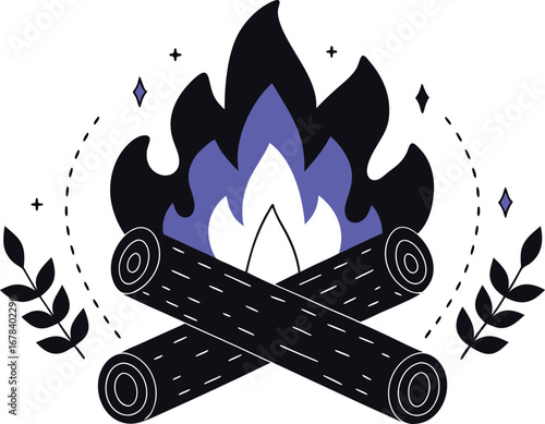 Festive bonfire with leaves for summer celebration and party decoration, illustration