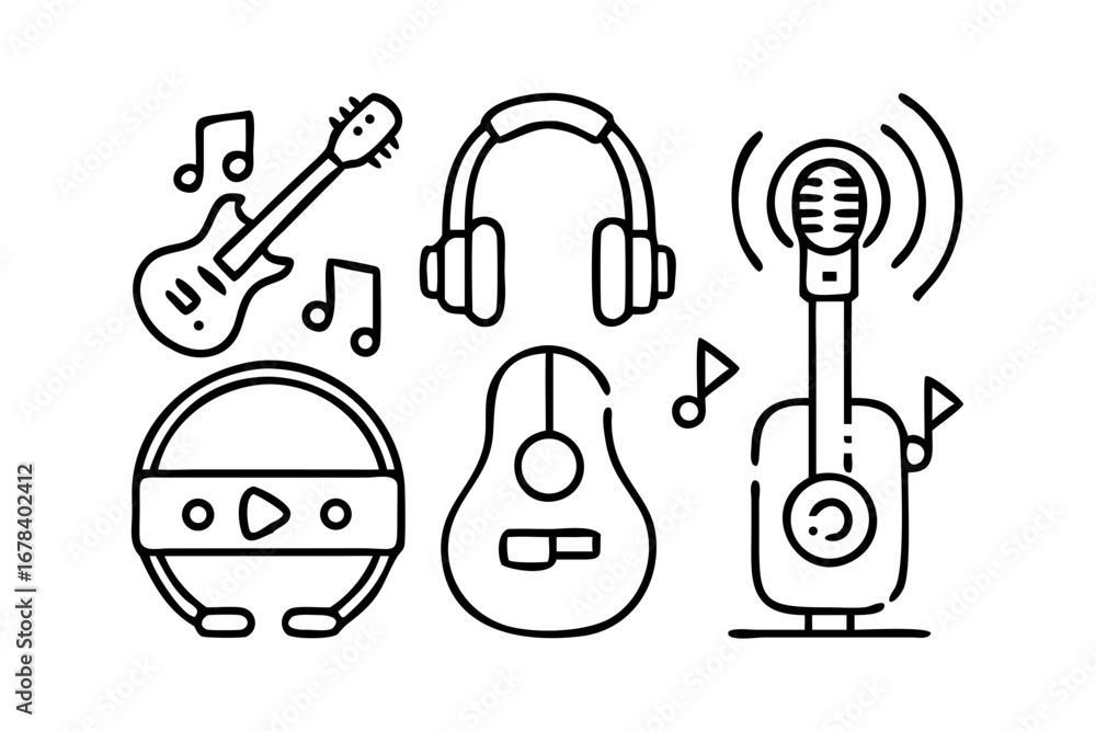 Obraz premium Collection of musical instruments including guitar, headphones, and microphone