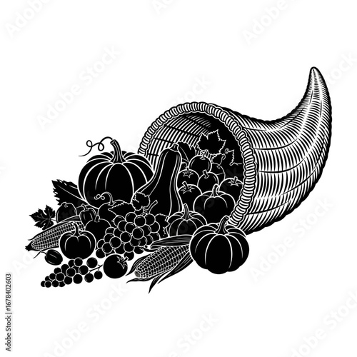 Abundant harvest cornucopia overflowing with pumpkins gourds grapes and corn symbolizing autumn bounty
