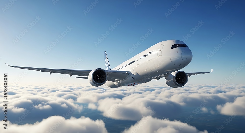 Obraz premium Realistic illustration of a modern commercial airplane flying above the clouds with detailed wings, engines, and fuselage.