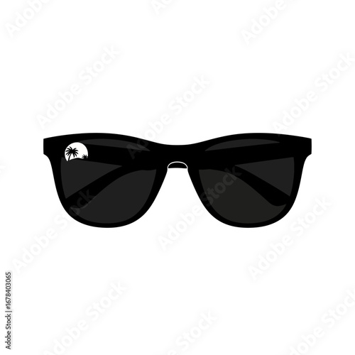 Chic black sunglasses reflect a sunny tropical beach scene with palm trees, evoking vacation vibes.