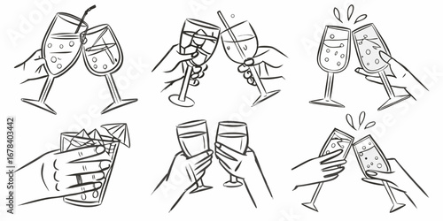 Hands toasting with various drinks in a celebratory collage