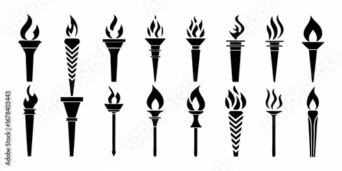 Collection of diverse black torch icons with flames