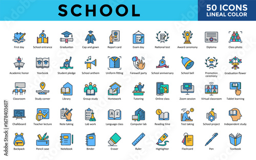 School icons set with first day, school entrance, graduation, cap and gown, report card, exam day, national test, award ceremony, diploma, class photo icon. Simple lineal color vector 
