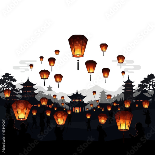 Stunning Asian festival scene with glowing lanterns illuminating traditional pagodas and silhouetted figures below