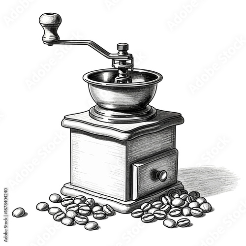 Antique coffee grinder illustration with coffee beans for vintage coffee style
