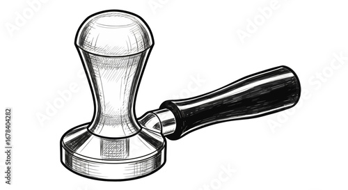 Artistic Espresso Tamper Illustration with Detailed Hatching Effect for Coffee