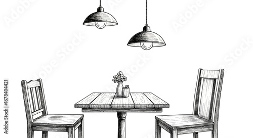 Artistic rendering of a dining setup with wooden furniture and soft lighting