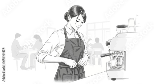 Barista Tying Her Apron in a Coffee Shop with Modern Aesthetic Style