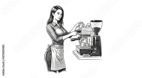 Barista preparing coffee with professional machine in grayscale drawing
