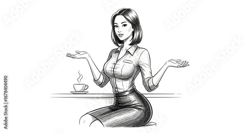 Black and white sketch of a businesswoman with coffee and presenting hands