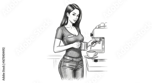 Barista woman drawing, preparing espresso coffee beverage illustration