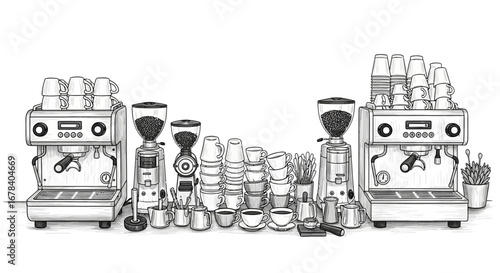 Coffee shop preparation area featuring espresso machines and stacks of cups