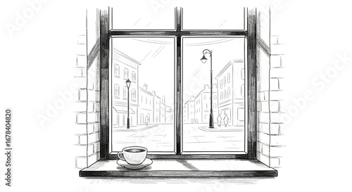 Cozy window view of city street with coffee, creating a calm atmosphere
