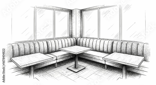 Cozy Restaurant Booth Sketch with Windows, Tables, and Comfortable Seating