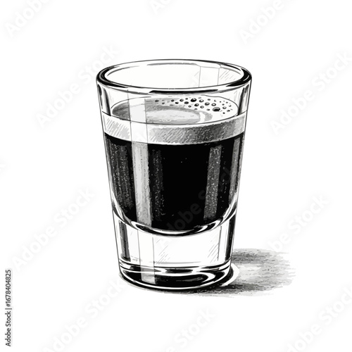 Dark alcoholic shot beverage in a clear glass with light bubbles