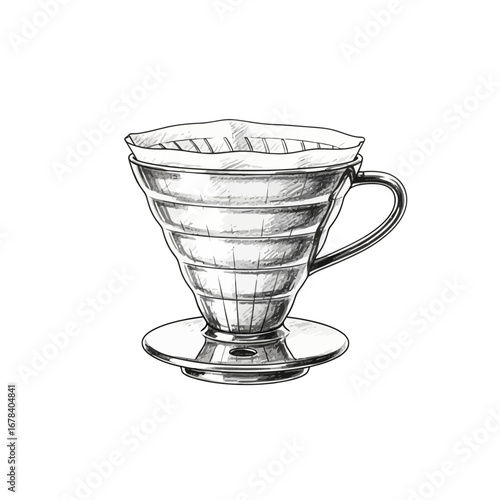 Detailed artistic rendering of a pour-over coffee brewer with paper filter