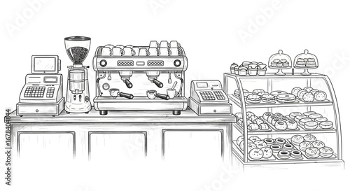 Delightful hand-drawn bakery and coffee shop display, sweet pastries and espresso