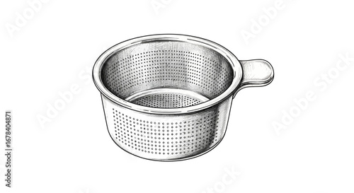 Detailed artistic sketch of a stainless steel tea infuser with handle