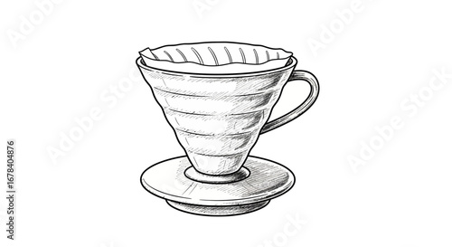 Detailed Black and White Sketch of a Coffee Pour Over with Filter Paper