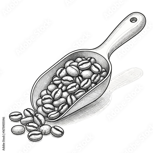 Detailed monochrome drawing of coffee beans in a metal scoop illustration