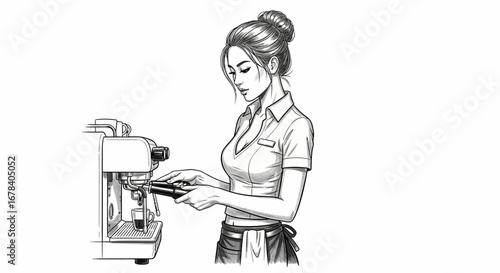 Detailed Monochrome Illustration of a Barista Preparing Espresso Drink