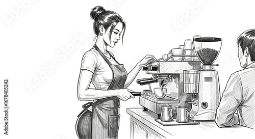 Detailed Sketch of Barista Preparing Coffee with Espresso Machine, Black and White
