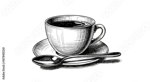 Detailed sketch of coffee cup with saucer and spoon creating artistic elegance