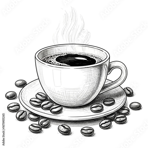Detailed Sketch of Steaming Coffee Cup and Beans on White Background