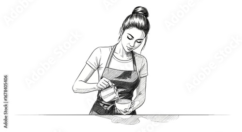 Elegant barista pouring latte art with meticulous detail using sketch style