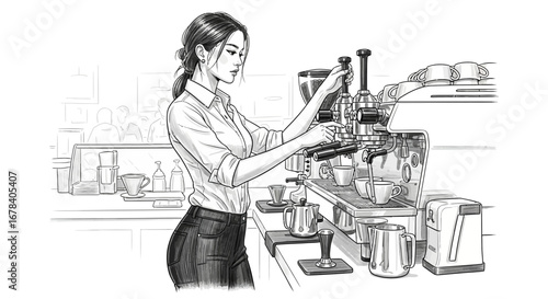 Elegant barista operating a professional coffee machine in a modern cafe