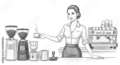 Elegant barista preparing coffee beverages in a modern cafe scene drawing