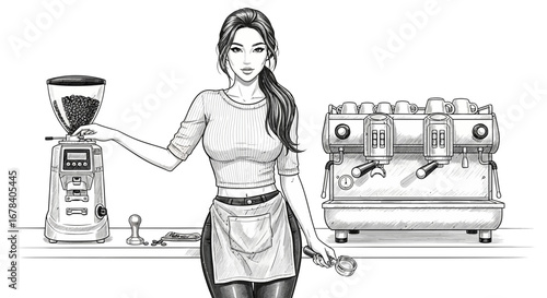 Elegant barista preparing coffee, intricate monochrome drawing, precise design