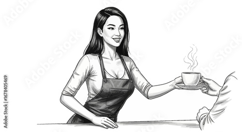Elegant barista serves hot coffee, a moment of culinary service illustration