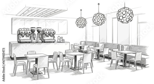 Elegant cafe interior design illustration showcasing tables and chairs