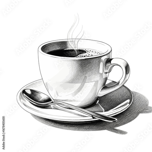 Elegant monochromatic illustration of a steaming cup of coffee on saucer