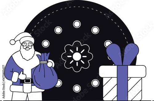 Santa claus with gift bag and present, christmas holiday celebration and winter season