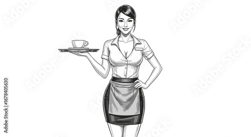 Elegant monochrome depiction of waitress serving drink on tray illustration
