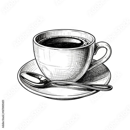 Elegant monochrome drawing showcasing a steaming cup of aromatic coffee
