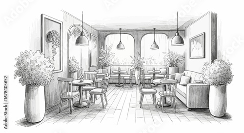 Elegant monochrome drawing of a cafe interior with plant life and soft lighting