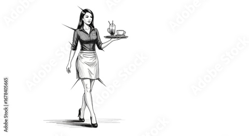 Elegant monochrome illustration of a waitress serving coffee and iced beverage