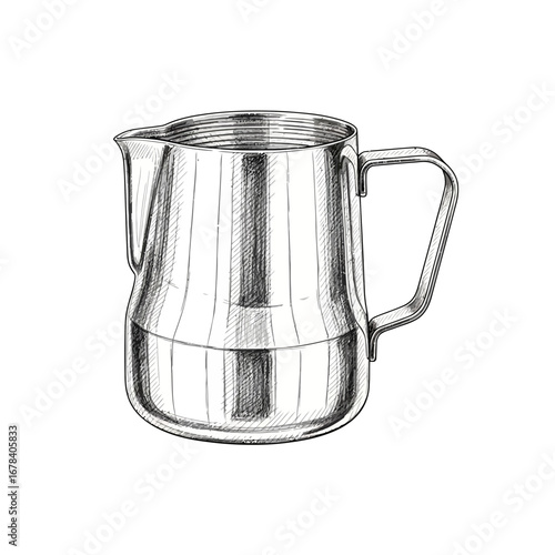 Elegant sketch of a stainless steel milk pitcher for coffee preparation