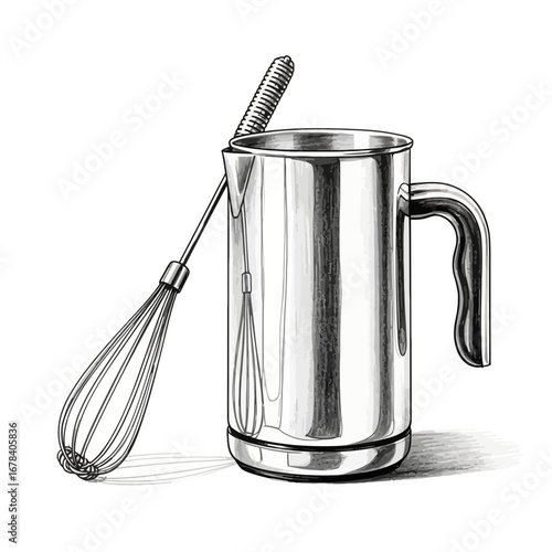 Elegant stainless steel mixing container and whisk illustration on white