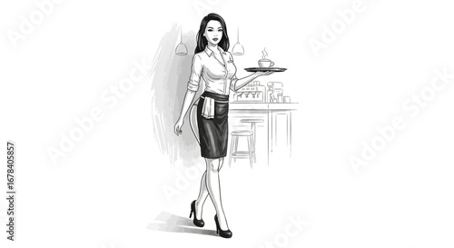 Elegant waitress carrying coffee in monochrome sketch illustration