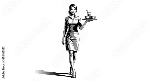 Elegant waitress carrying beverages on tray in monochrome vintage design