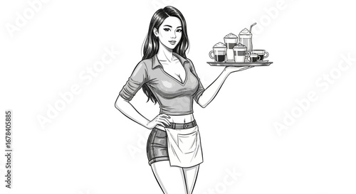 Elegant waitress holding a tray of assorted coffees, monochrome style art