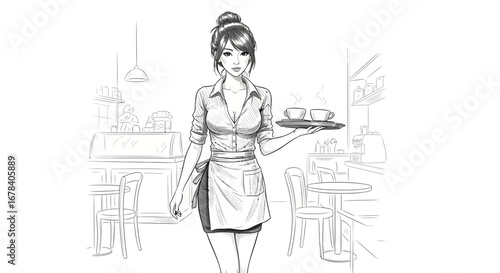 Elegant waitress serving coffee in charming café setting drawn with finesse